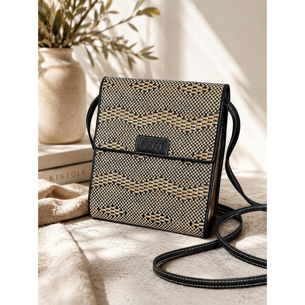 Vintage 80s/90s Esprit Woven Crossbody Wallet Purse Black & Cream Minimalist Bag